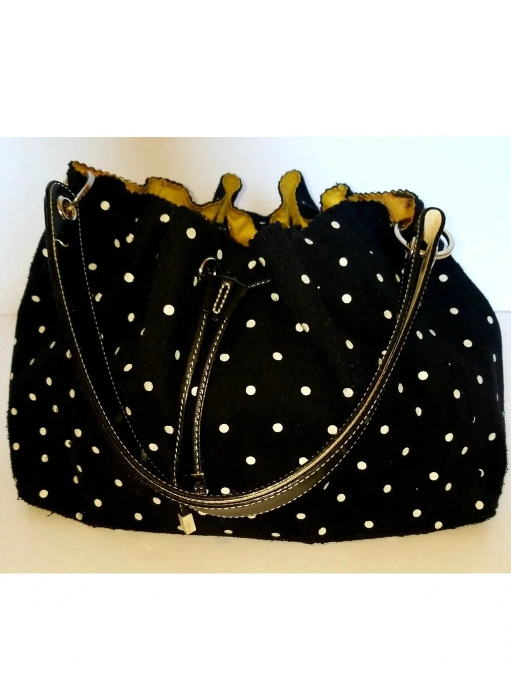 Kate Spade vintage slouchy, drawstring-style black felt white polka dots purse